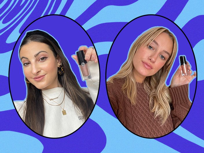 Image of two women holding up the Giorgio Armani Beauty Eye Tint Liquid Eyeshadows on a swirly graphic blue background