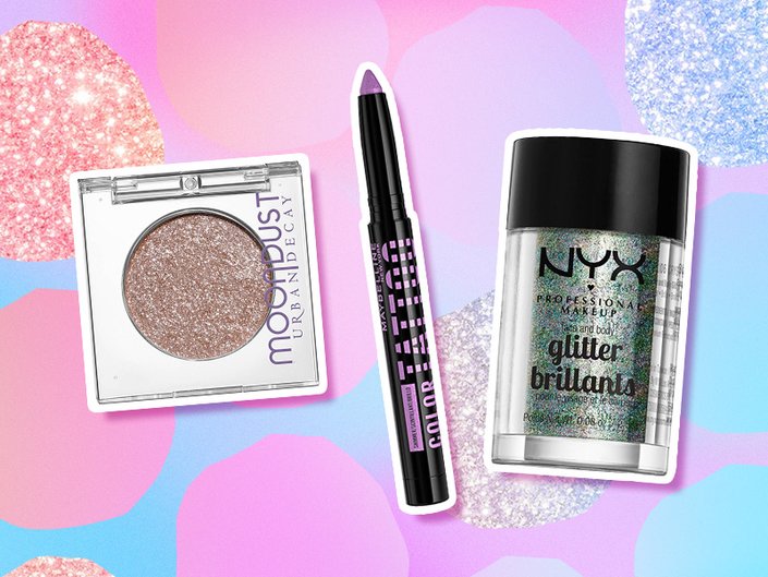 Picture of the Urban Decay 24/7 Moondust Glitter Eyeshadow, Maybelline New York Color Tattoo Eye Stix Up to 24HR Wear Shadow, Liner, Primer and the NYX Professional Makeup Face & Body Glitter on a pink and blue graphic background