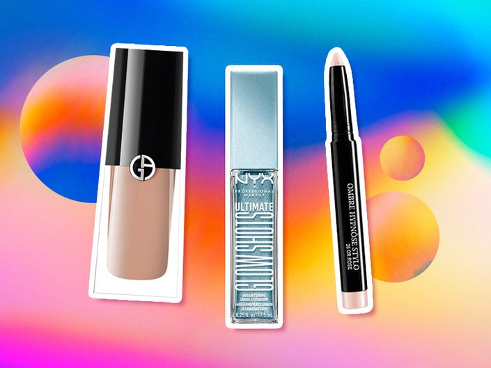 Picture of the Giorgio Armani Beauty Eye Tint Long-Lasting Liquid Eyeshadow, NYX Ultimate Glow Shots Liquid Shimmery Eyeshadow and the Lancôme Ombre Hypnôse Stylo Shadow Stick on a multicolored graphic background 