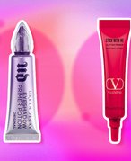 Image of the Urban Decay Eyeshadow Primer Potion and the Valentino Beauty Stick With Me Glitter Primer on a pink gradient graphic background 