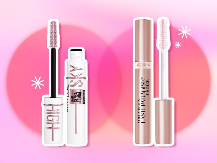 Picture of the Maybelline New York Lash Sensational Sky High Tinted Primer and the L'Oréal Paris Voluminous Lash Paradise Primer on a pink gradient background 