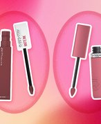 Collage of the Maybelline New York SuperStay Matte Ink Liquid Lipstick in Mover and the L’Oréal Paris Infallible Matte Resistance Liquid Lipstick in Road Tripping on a pink and orange gradient graphic background