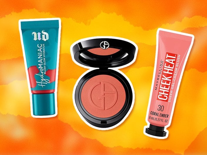 Image of the Urban Decay Hydromaniac Dewy Liquid Blush, the Giorgio Armani Beauty Luminous Silk Blush and Maybelline New York Cheek Heat Gel-Cream blush on an orange gradient graphic background