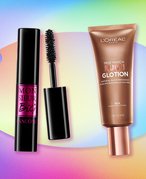 Lancôme Monsieur Big Volume Mascara and L’Oréal Paris True Match Lumi Glotion collaged on a rainbow graphic background