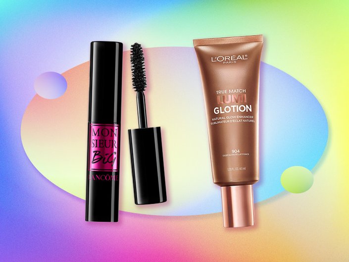 Lancôme Monsieur Big Volume Mascara and L’Oréal Paris True Match Lumi Glotion collaged on a rainbow graphic background