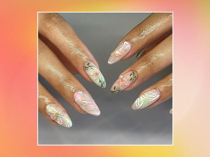Image of fairycore nails on a graphic background