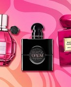collage of perfumes on a pink and orange ombre background