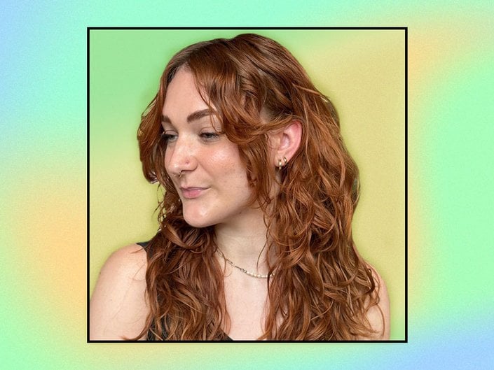 Picture of a person with a wavy red shag looking away from the camera on a multicolored gradient graphic background