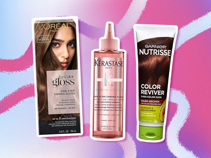 Collage of glosses for dark hair on a pink and purple graphic background