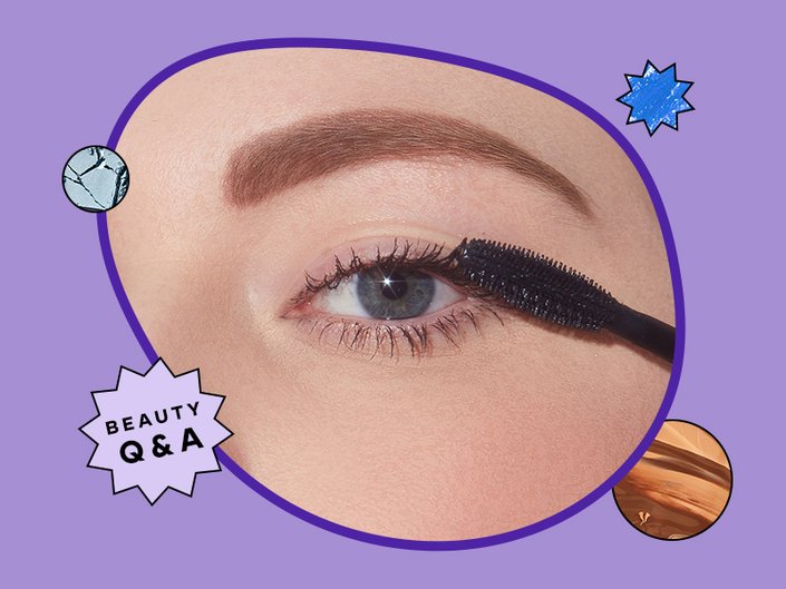 Picture of a person holding mascara wand to eye on a graphic purple background