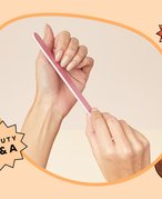 Picture of a person filing their nails on a cream-colored graphic background with a starburst shape that reads "Beauty Q&A"