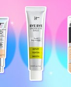 IT Cosmetics CC+ Cream Full-Coverage Foundation with SPF 50+, IT Cosmetics Bye Bye Under Eye Bags Daytime Treatment and IT Cosmetics Bye Bye Dark Spots Concealer + Serum collaged on a blue and pink background