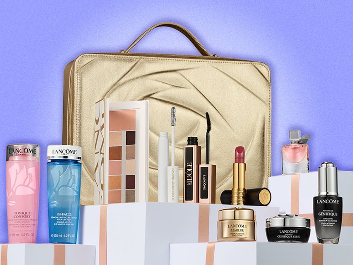 Lancôme Holiday Beauty Box with products out on display, collaged against a purple background