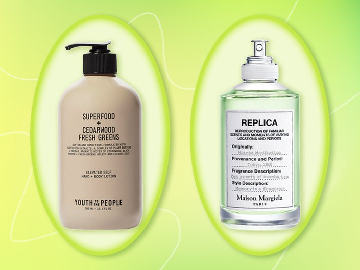 Youth To The People Superfood Hand + Body Lotion and Maison Margiela Replica Matcha Meditation collaged on a green background