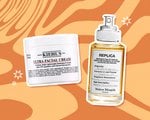 Collage of Kiehl’s Ultra Facial Cream and Maison Margiela Replica By the Fireplace Perfume on an orange graphic background