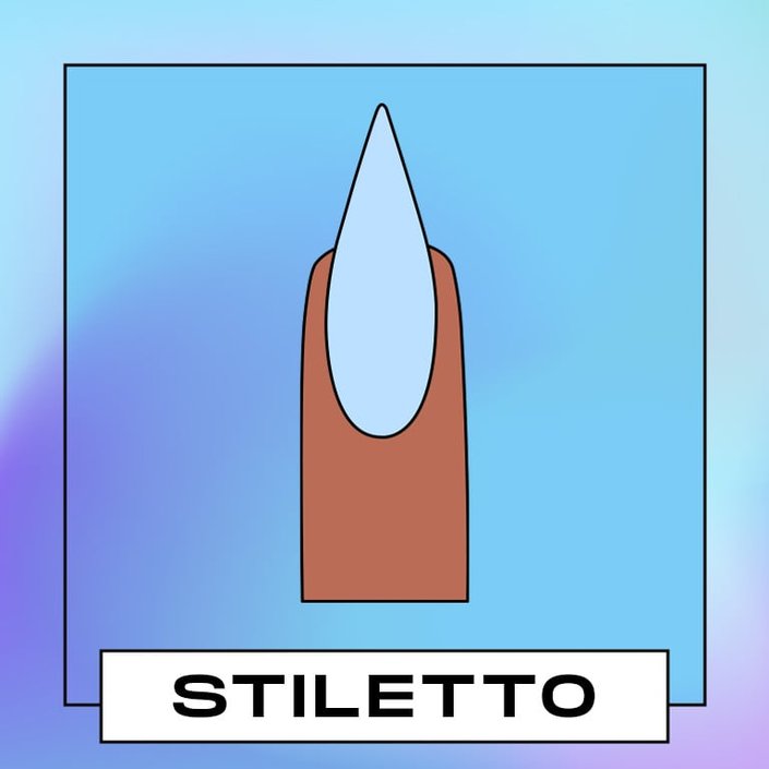 Illustration of a finger with a stiletto nail painted light blue, on a blue graphic background