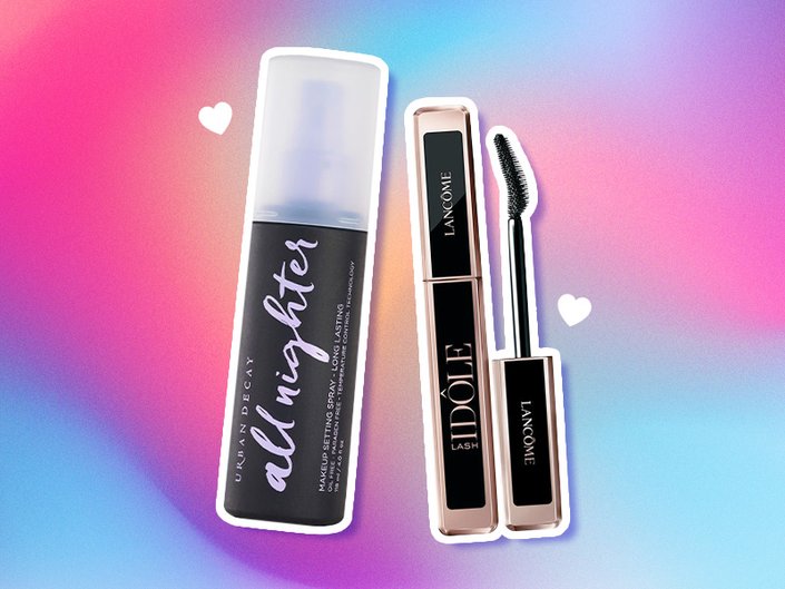 Urban Decay All Nighter Setting Spray and Lancôme Lash Idôle Mascara on colorful graphic background