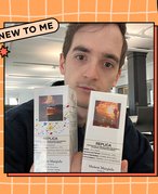 stephen holding two maison margiela fragrance boxes collaged on an orange graphic background
