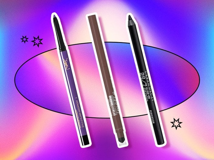 YSL Beauty Crushliner, Maybelline New York Tattoo Studio Smokey Gel Pencil and Urban Decay 24/7 Glide-On Waterproof Eyeliner Pencil collaged on a purple tie-dye background