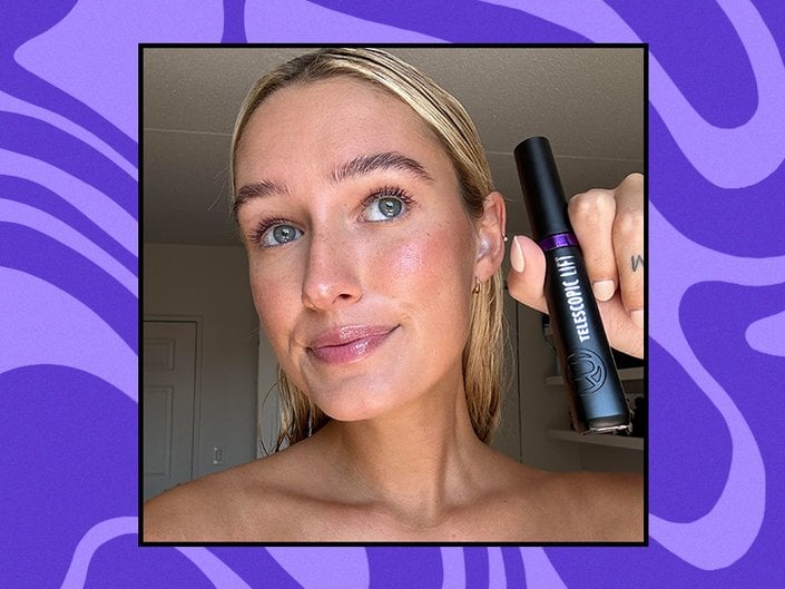 Editor wearing and holding up the L’Oréal Paris Telescopic Lift Washable Color Mascara in Galactic Purple, collaged on a purple background