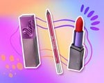 Picture of the Urban Decay Vice Lip Bond, Urban Decay 24/7 Glide-on Waterproof Lip Liner and the Urban Decay Vice Lipstick on a graphic purple and orange background