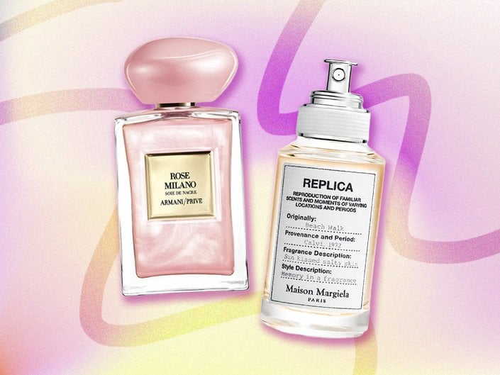 Giorgio Armani Beauty Armani/Privé Rose Milano Soie de Nacre Eau de Toilette and Maison Margiela REPLICA Beach Walk on purple and yellow graphic background