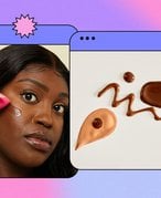 Picture of a model applying a foundation with a beauty sponge; picture of foundation swatches, both on a pink and purple graphic background