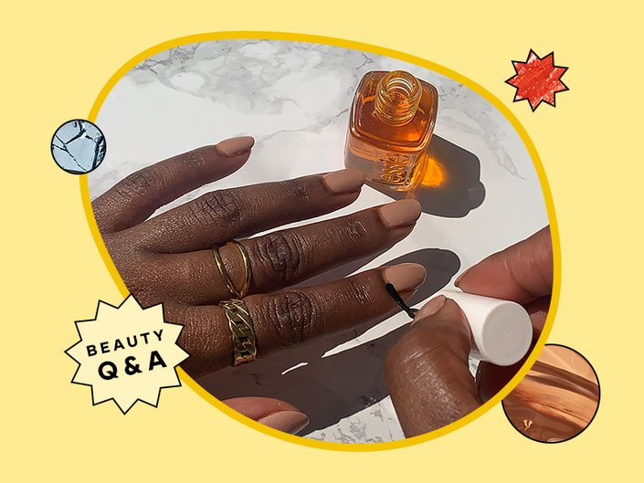 Photo of a person with tan nails applying the Essie Apricot Nail & Cuticle Oil to their cuticles, collaged on a yellow background with the Beauty Q&A logo