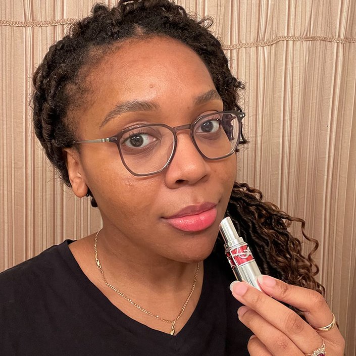 Kat wearing the YSL Beauty Rouge Volupté Candy Glaze Lip Gloss Stick in Flashing Rosé