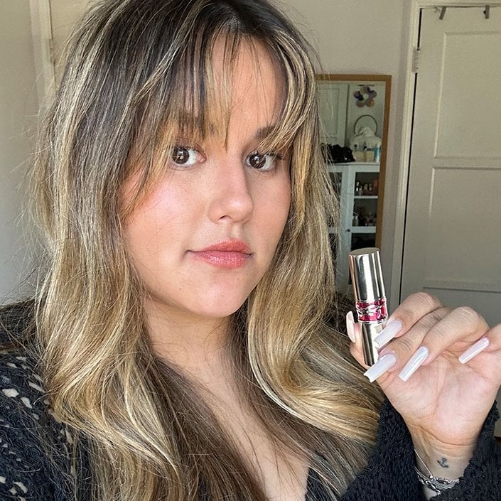 Reece wearing the YSL Beauty Rouge Volupté Candy Glaze Lip Gloss Stick in Nude Pleasure