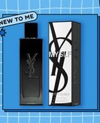 Collage of the YSL Beauty MYSLF fragrance on a blue graphic background